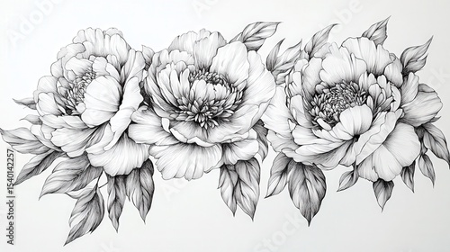 Wallpaper Mural Hand-drawn peony flowers in black ink on white background with detailed shading. Torontodigital.ca