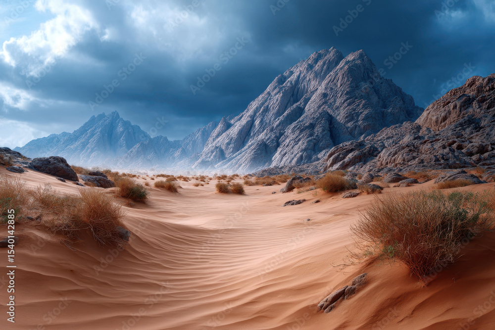 Fototapeta premium Desert landscape features striking mountains and dramatic skies at twilight