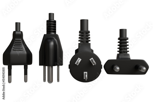 Photography Four black electrical plugs, each with a unique design and prong configuration