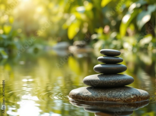 Zen spa stones with water reflection and soft ripples on a green nature background. Blurry foliage, natural light, and bokeh create a peaceful, eco-inspired scene. For relaxation and wellness themes