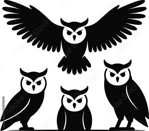 Four owls in black silhouette one flying with wings spread wide open