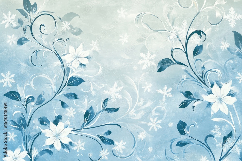 Fototapeta premium serene winter banner with swirling snowflakes on a soft blue background, ideal for festive marketing, Generative AI