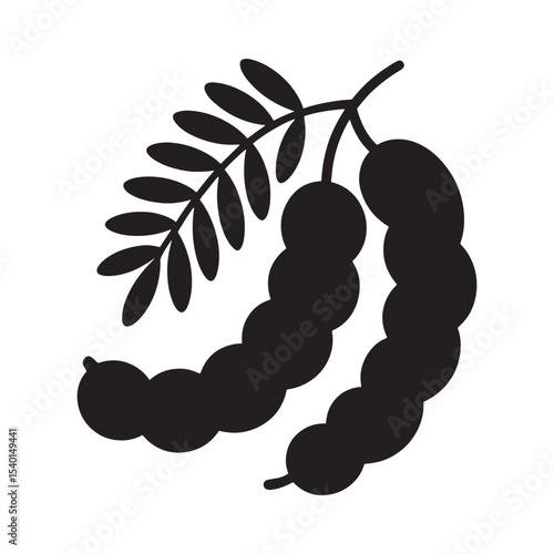 Tamarind fruit silhouette with leaves icon, tropical pod plant graphic isolated on white background.