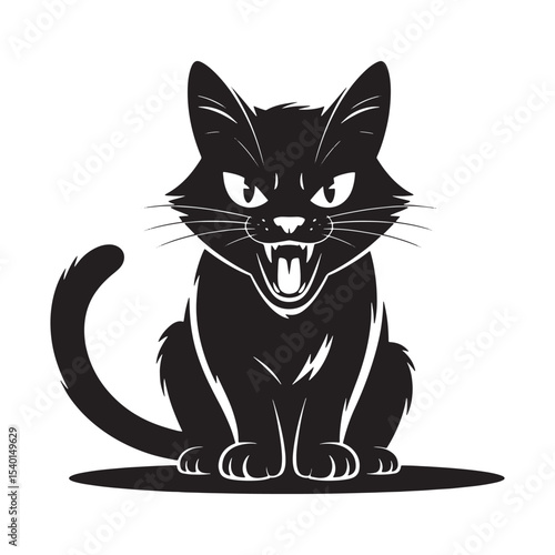 Angry black cat silhouette with sharp teeth hissing in defensive pose isolated on white background.