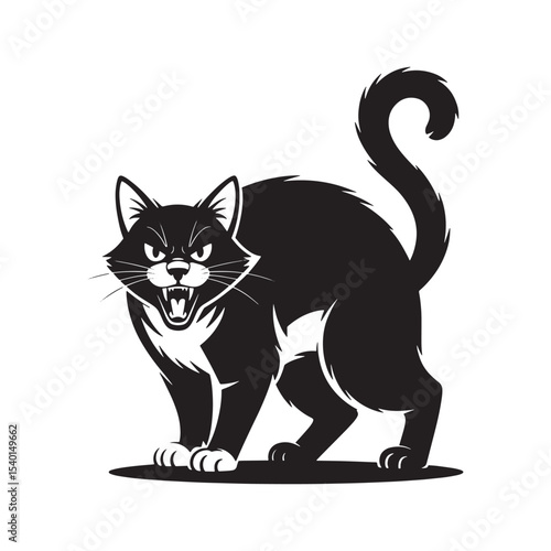Angry black cat silhouette with sharp teeth hissing in defensive pose isolated on white background.