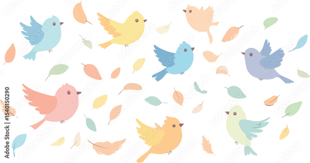 Fototapeta premium Pastel Birds and Leaves Pattern a whimsical design featuring pastel colored birds and leaves scattered across a white background perfect for spring Easter or nature