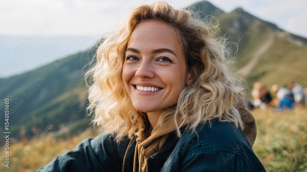 A smiling young woman posing outdoors against a mountainous backdrop. A smiling young woman posing outdoors against a mountainous backdrop.