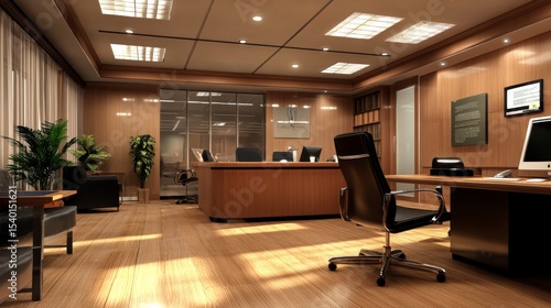 Modern 3d render of corporate office interior with large windows  open workstations  contemporary furniture  and natural daylight in urban business environment    