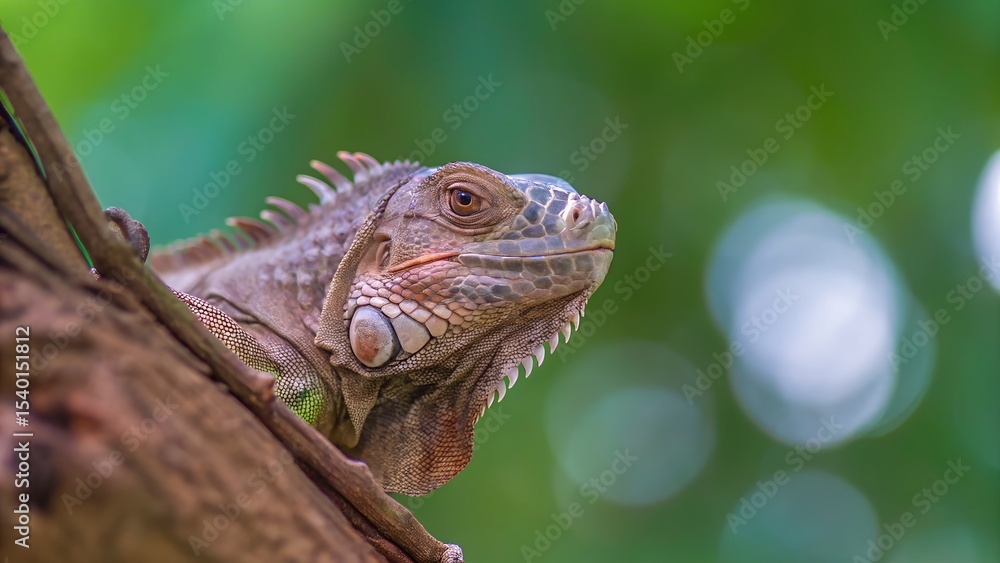 Close-up of a Green Iguana on a Tree Branch