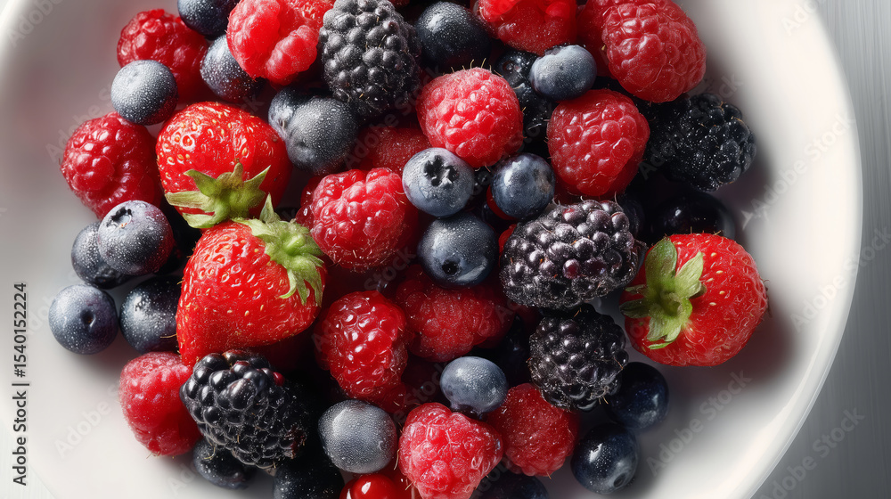 Fresh mixed berries on a white plate in an overhead view Fresh mixed berries on a white plate in an overhead view