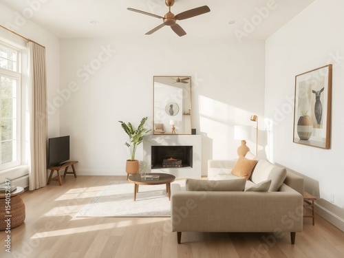 A bright living room with a fireplace  sofa  artwork  and a ceiling fan in a modern home setting