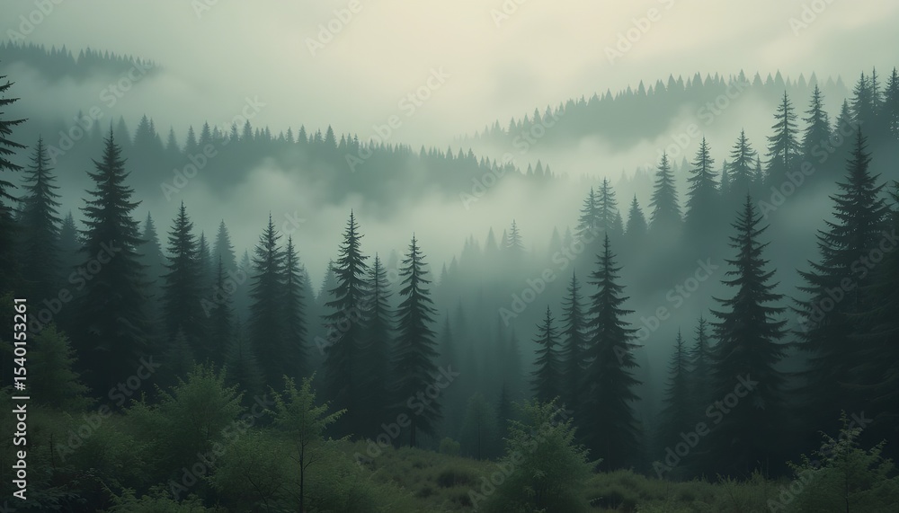 morning mist in the mountains / Misty sunrise over forested mountain landscape in the morning light morning mist in the mountains / Misty sunrise over forested mountain landscape in the morning light