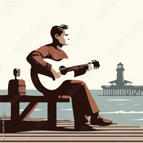 image of a man playing guitar on a pier with a simple and minimalist flat design using a white background