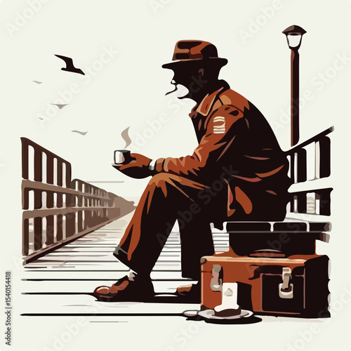 image of a man drinking coffee on a pier with a simple and minimalist flat design using a white background