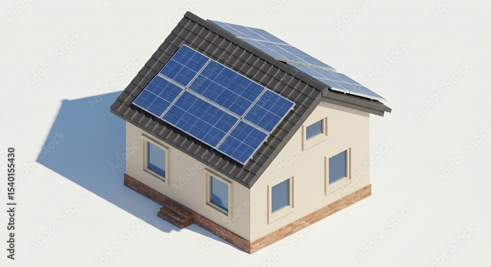 Fototapeta premium House with Blue Solar Panels on Roof Aerial View in Sunlight on White Background