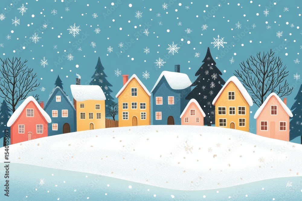 whimsical Christmas background featuring a blue sky with snowflakes falling softly over a snowy landscape, Generative AI whimsical Christmas background featuring a blue sky with snowflakes falling softly over a snowy landscape, Generative AI