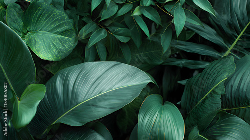 Lush green foliage background showcases a vibrant collection of tropical leaves creating a calming texture