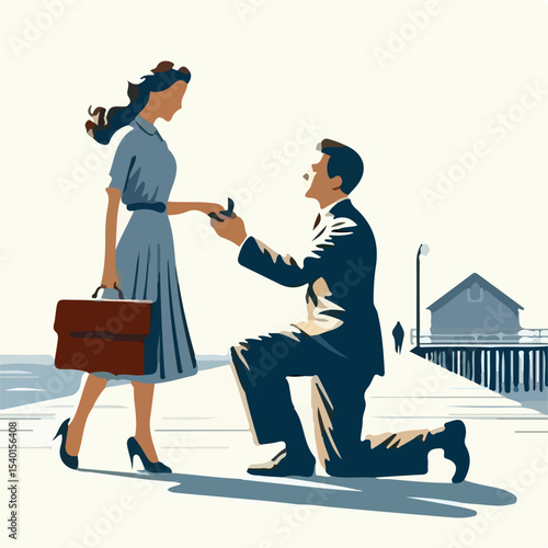 image of a man proposing to a woman on a pier with a simple and minimalist flat design using a white background