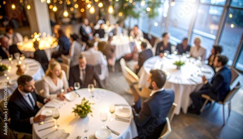 Elegant banquet hall with round tables and ambient lights symbolizing corporate events, gala dinners, business networking, or wedding receptions