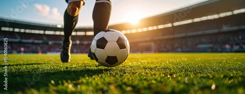 Football player poised to kick ball in stadium during golden hour symbolizing determination, competition, global sports passion, and athletic dreams