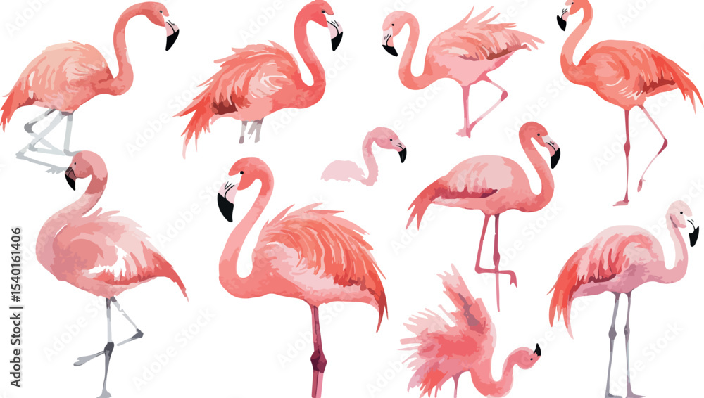Fototapeta premium Elegant Watercolor Flamingo Collection A Vibrant Assembly of Pink Birds in Various Poses Perfect for Tropical Themes Artistic Designs and Summer Inspired Creative Projects on