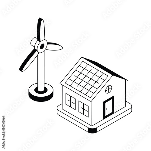 A visually appealing isometric icon of solar house with windmill