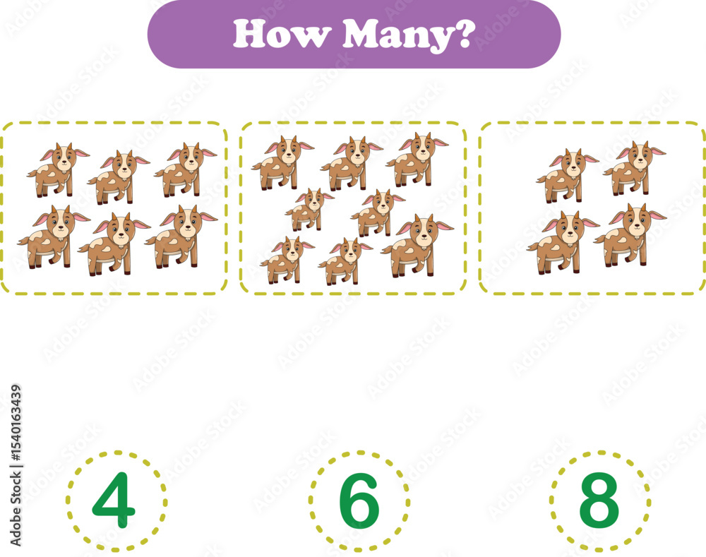 Fototapeta premium Counting game of wild animals for preschool kids. Counting goat. Printable. Vector Illustration