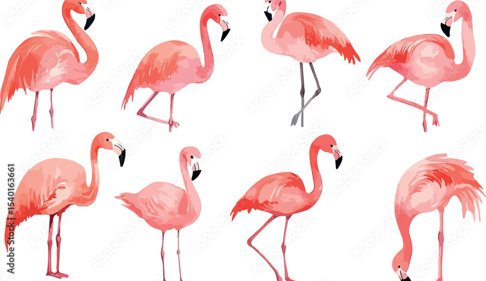 Fototapeta premium Elegant Flamingo Collection A Vibrant Assembly of Pink Birds in Various Poses Perfect for Summer Designs Tropical Themes or Artistic Projects with a Touch of