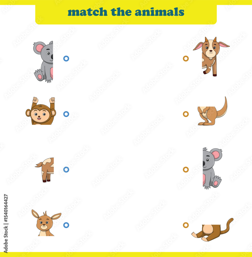 Fototapeta premium Match halves of cute cartoon wildlife animals. Logical game for kids