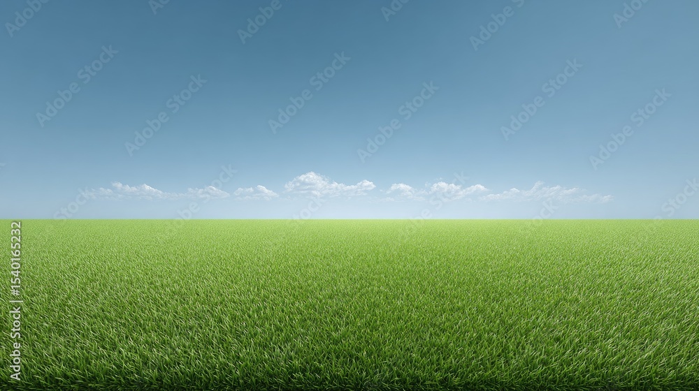 Fototapeta premium Expansive Green Grass Field Under Clear Blue Sky with Clouds