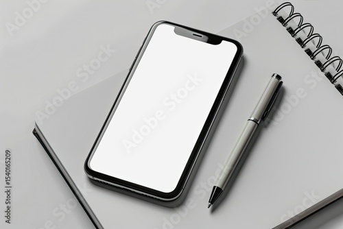 Pixel Perfect Image of Mock Up Blank Screen of Smartphone on Notebook with Pen on White
