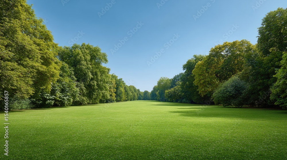 Lush Green Landscape with Trees Beneath Clear Blue Sky Lush Green Landscape with Trees Beneath Clear Blue Sky
