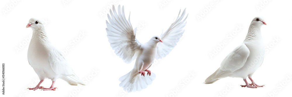 Obraz premium Set of white doves isolated on transparent background PNG