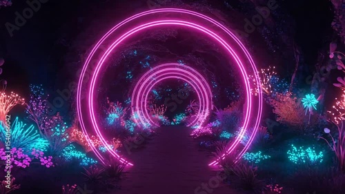 Vibrant neon tunnel with glowing plants and pathways