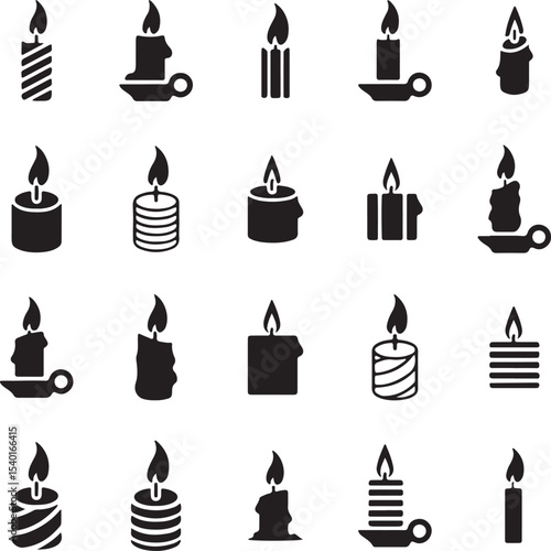 Candle, Icon Set, Black, Light, Flame, Minimal Vector
