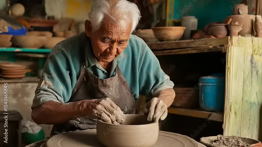 Elderly artisan skillfully shaping clay pottery in a workshop filled with traditional tools and materials Elderly artisan skillfully shaping clay pottery in a workshop filled with traditional tools and materials
