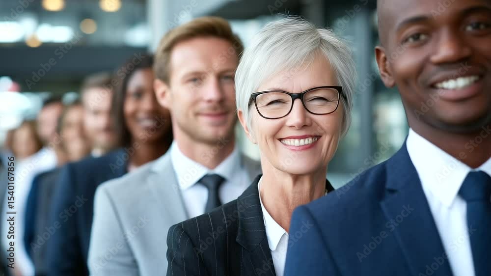 Multicultural group of job seekers in line, representing wide age range, prepared and eager under bright LED office lighting Multicultural group of job seekers in line, representing wide age range, prepared and eager under bright LED office lighting