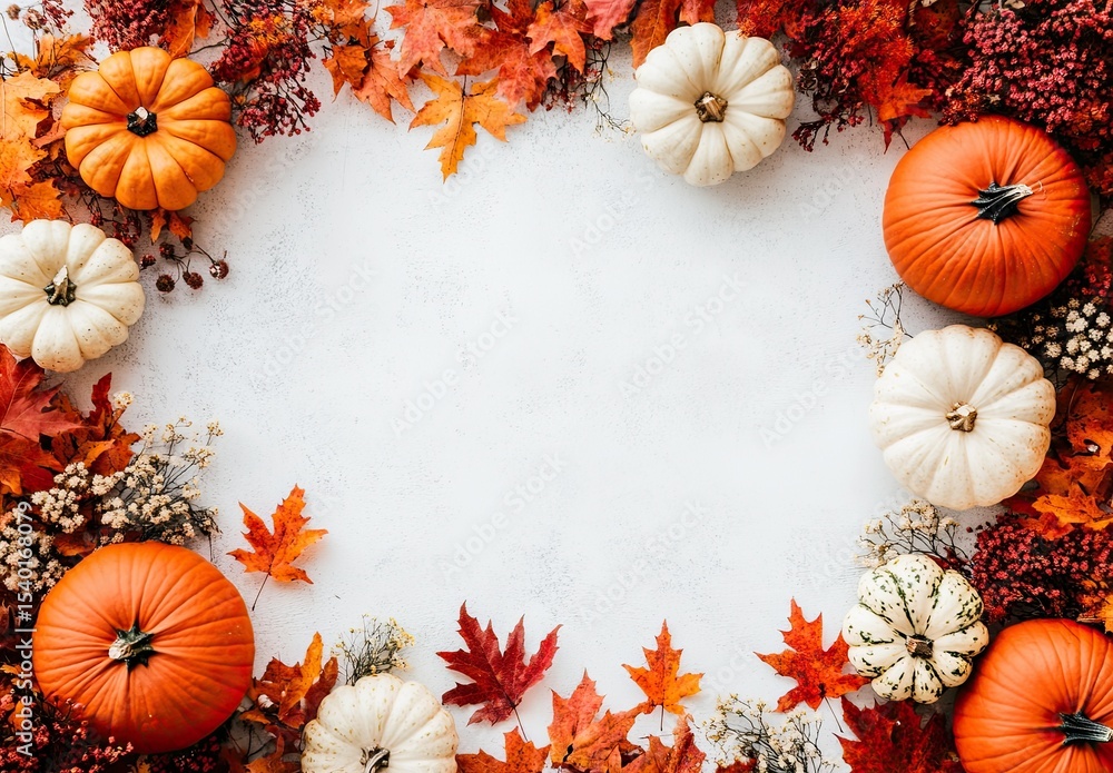 Obraz premium Photo of a white background with fall leaves and pumpkins on the left side