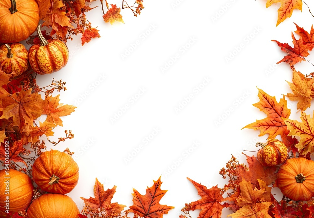 Fototapeta premium Photo of a white background with fall leaves and pumpkins on the left side