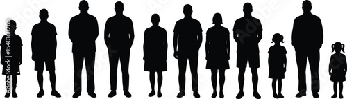 Silhouette of multiple people standing in row, different ages, family members, man, woman, child, black figures, isolated on white background, generational diversity, group illustration