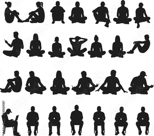 Silhouette collection of people sitting, cross-legged, relaxed poses, using laptops, casual posture, men and women, various angles, vector illustration on white background, modern human figures