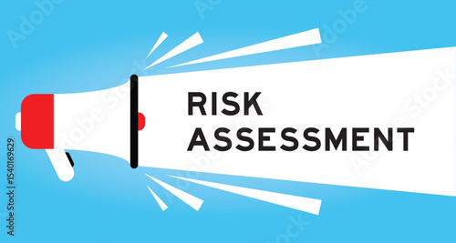 Color megaphone icon with word risk assessment in white banner on blue background