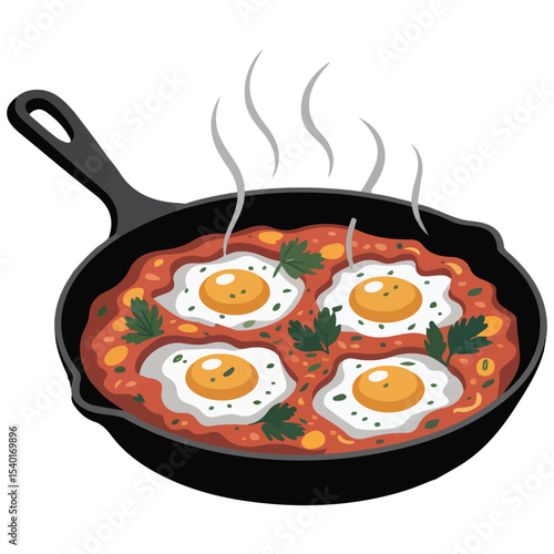 Shakshouka eggs tomato pan vector isolated white background