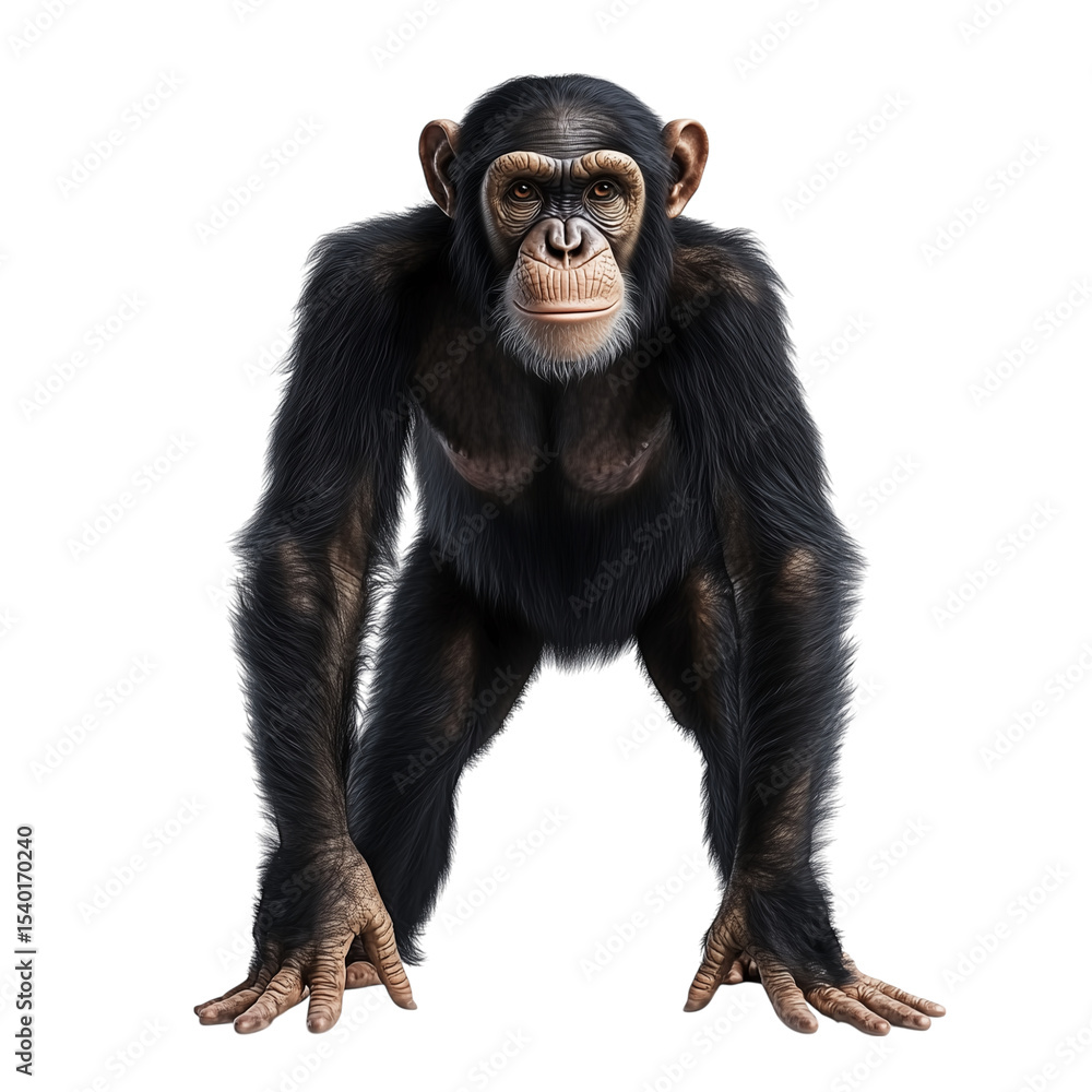 Naklejka premium A striking portrait of a young bonobo, a Pan troglodytes mammal, isolated against a white background, captivatingly looking with its expressive black face