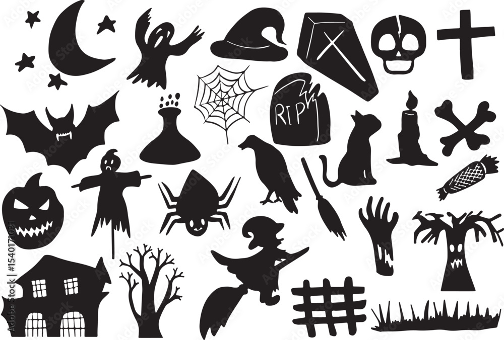 Halloween Vector Silhouettes Scary Spooky Icons Pack Black Holiday Set Halloween Vector Silhouettes Scary Spooky Icons Pack Black Holiday Set