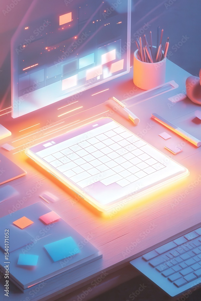 Neon glowing digital planner on a pastel desk with soft lighting and floating sticky notes. Neon glowing digital planner on a pastel desk with soft lighting and floating sticky notes.