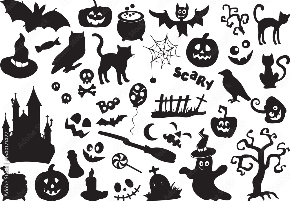 Naklejka premium Halloween Elements Vector Pack Haunted Houses Ghosts Pumpkins And Bats Icons