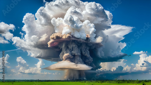 Colossal atomic mushroom cloud erupts into a bright blue sky over a peaceful landscape. A powerful visual of destructive force, historical impact, and overwhelming power.