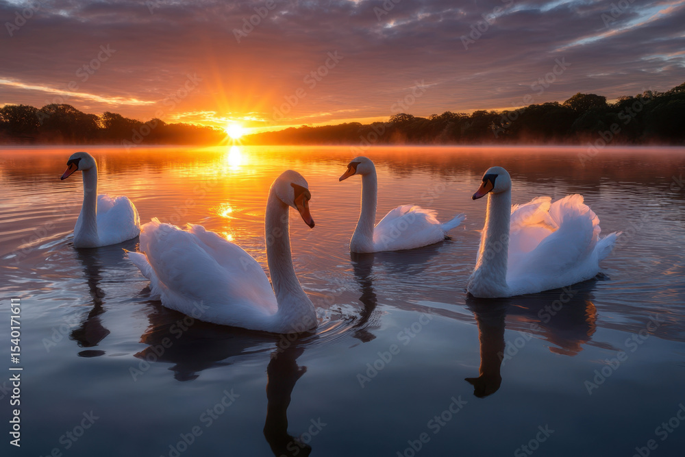 Fototapeta premium Swans glide gracefully on calm water during a vibrant sunrise in a tranquil setting