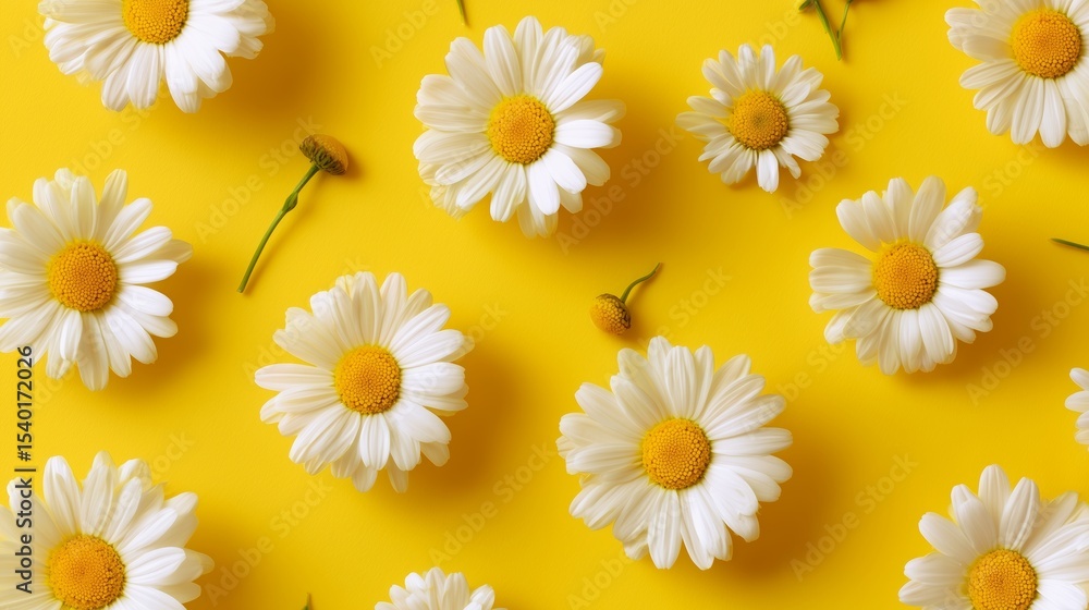 Bright yellow background adorned with white daisies creates a cheerful floral arrangement in springtime Bright yellow background adorned with white daisies creates a cheerful floral arrangement in springtime